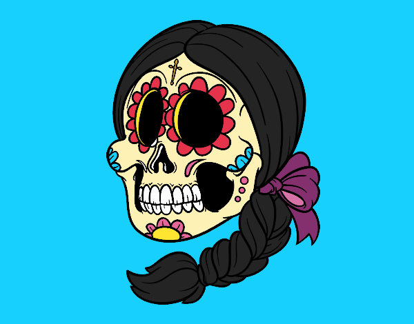 Coloring page Mexican skull with braid painted byKArenLee