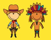 Coloring page Happy cowboy and Indian painted bymindella