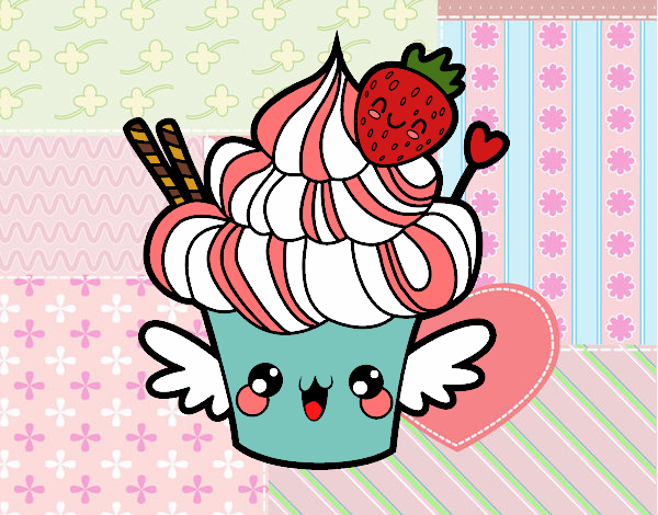 Coloring page Cupcake kawaii with strawberry painted bybarbie_kil