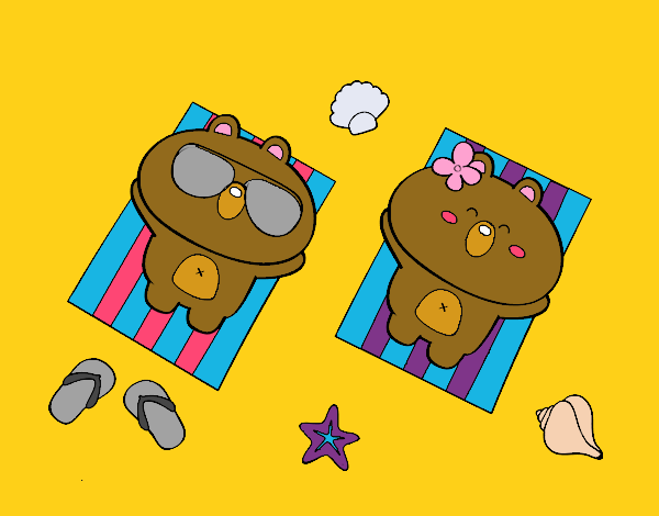Coloring page Teddy bears sunbathing painted byKota