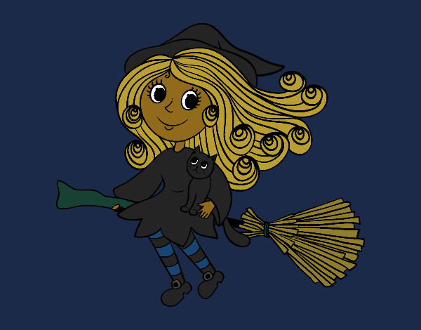 Coloring page Little Witch with broom  painted byCharlotte