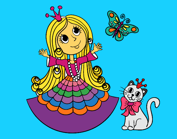 Coloring page Princess with cat and butterfly  painted bymindella