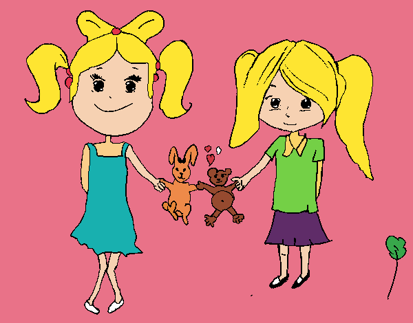 Coloring page Girls with stuffed animals painted bymindella
