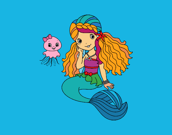 Coloring page Mermaid and jellyfish painted bymindella
