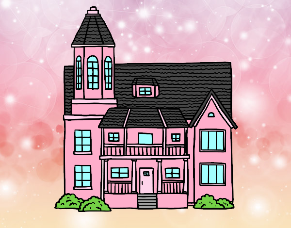 Coloring page Two-story house with tower painted byCharlotte
