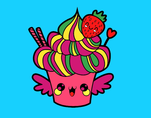 Coloring page Cupcake kawaii with strawberry painted bymindella