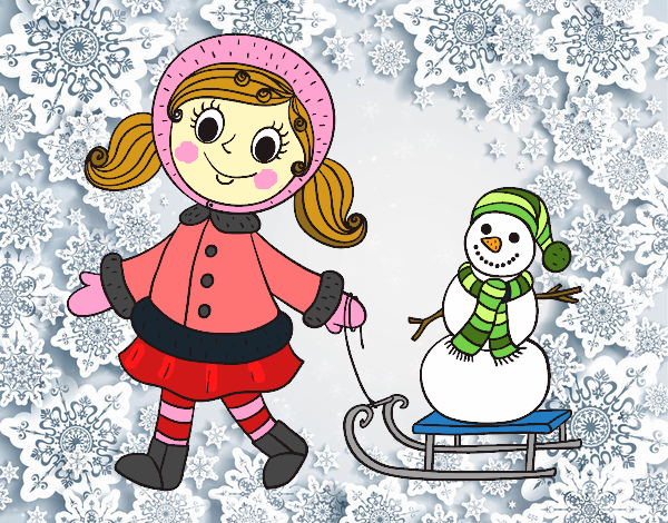 Coloring page Little girl with sleigh and snowman painted bykatie