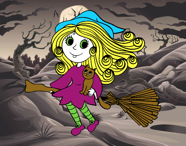 Coloring page Little Witch with broom  painted byGramanana4