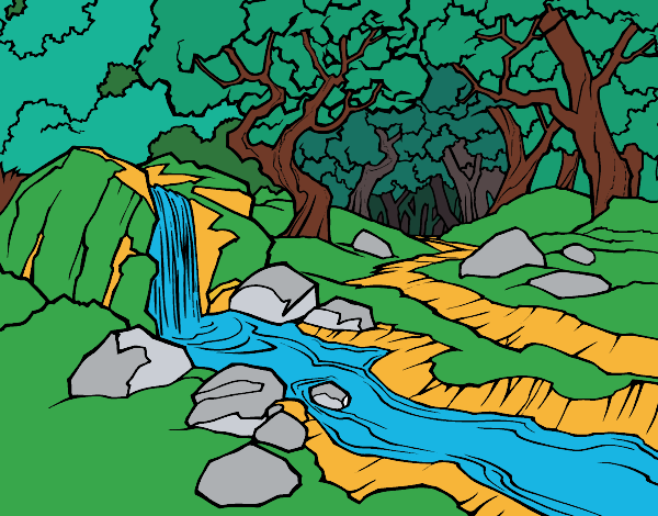 Coloring page Forest landscape with a river painted byJijicream