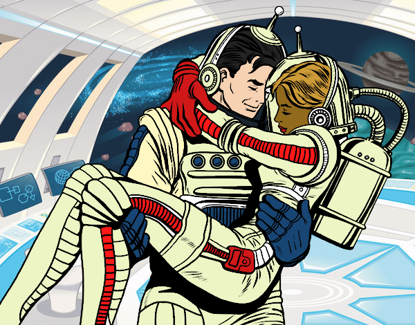 Coloring page Astronauts in love painted byCharlotte