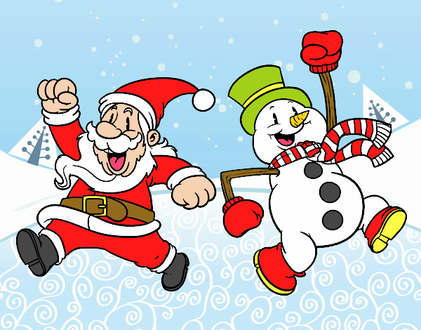Coloring page Santa Claus and snowman jumping painted bycolorido
