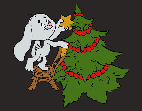 Rabbit decorating Christmas tree