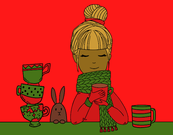 Coloring page Girl with scarf and cup of tea painted byCharlotte
