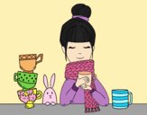 Coloring page Girl with scarf and cup of tea painted byAnia