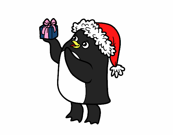 Coloring page Penguin with cap and Christmas present painted byKathy