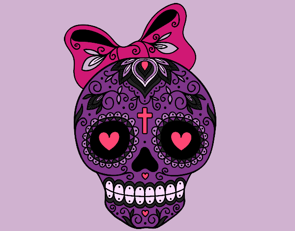 Coloring page Mexican skull with bow painted byCarapherne