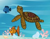 Coloring page Sea turtle with fish painted byRubayet