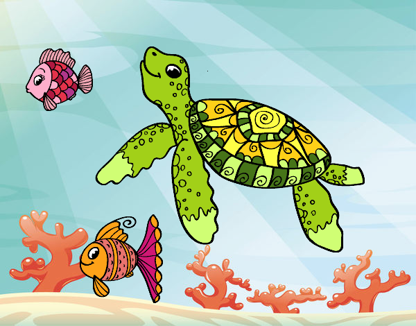 Coloring page Sea turtle with fish painted byKendall