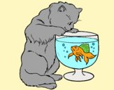 Coloring page Cat watching fish painted byAnia