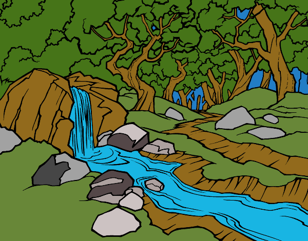 Coloring page Forest landscape with a river painted byHanna