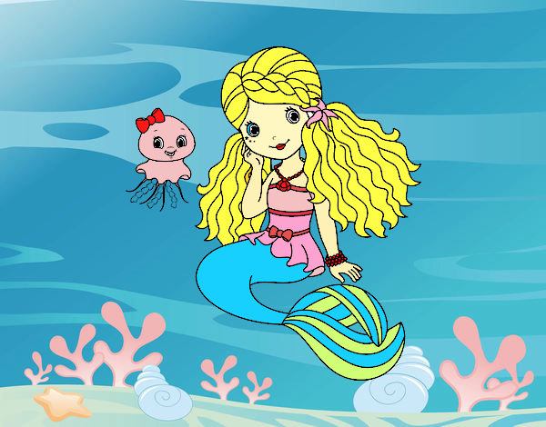 Coloring page Mermaid and jellyfish painted bysamg