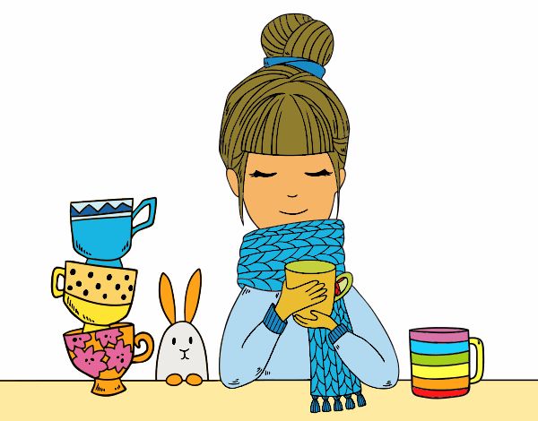 Coloring page Girl with scarf and cup of tea painted bymicheleof4