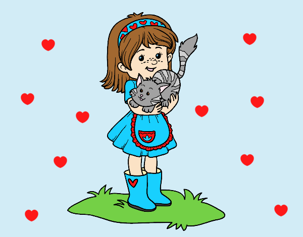 Coloring page Little girl with kitten painted byAnia