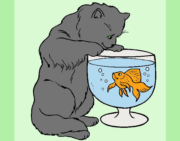 Coloring page Cat watching fish painted bylorna