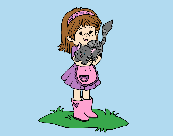 Coloring page Little girl with kitten painted bylorna