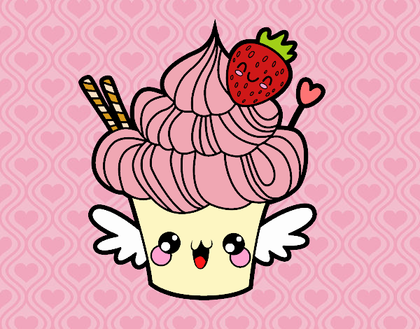 Coloring page Cupcake kawaii with strawberry painted bybbbb