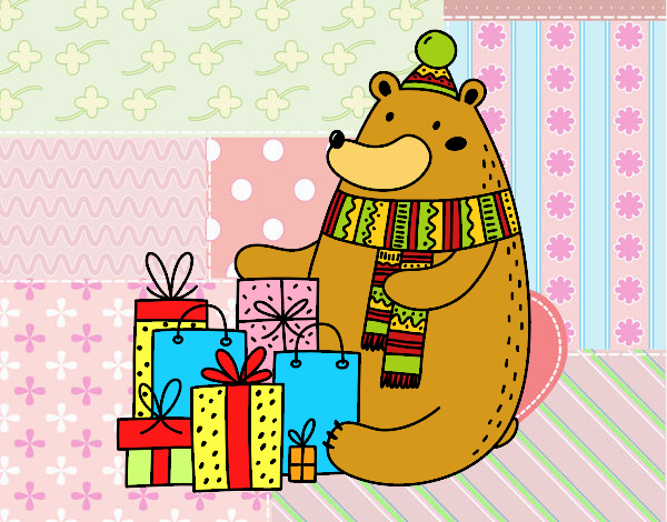 Coloring page Bear with Christmas gifts painted bybbbb