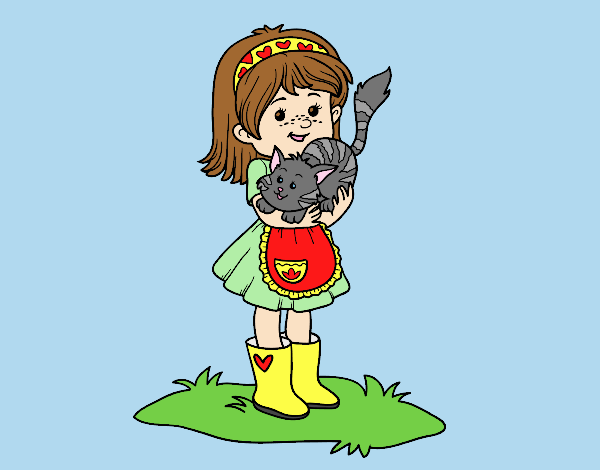 Coloring page Little girl with kitten painted byLornaAnia