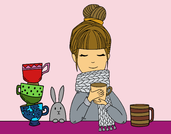 Girl with scarf and cup of tea