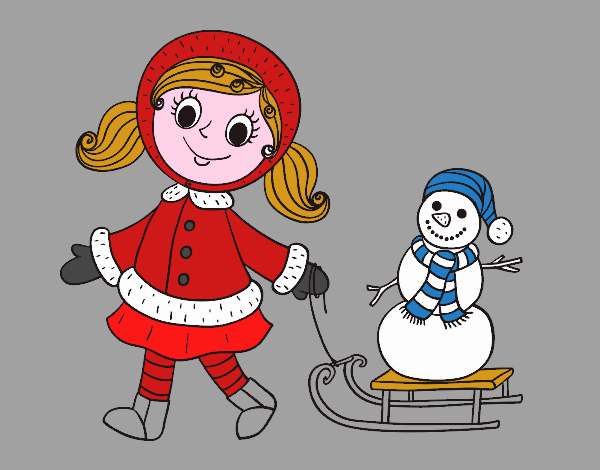 Little girl with sleigh and snowman