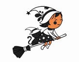Little witch flying with her broom