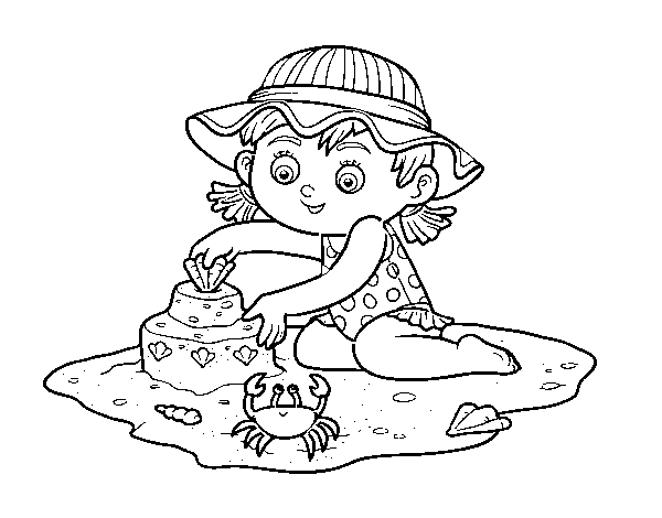 A girl playing on the beach coloring page