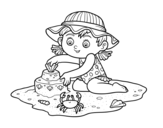 A girl playing on the beach coloring page