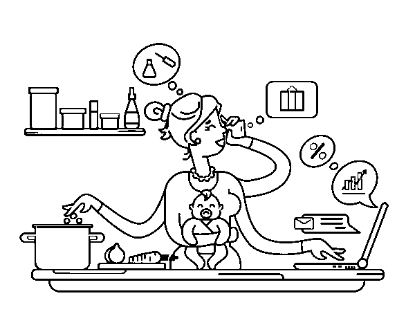 A mother multitasking coloring page