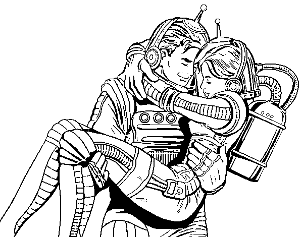 Astronauts in love coloring page