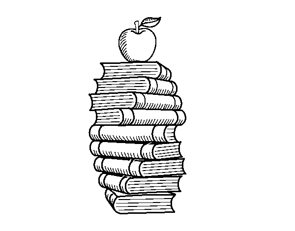 Books and apple coloring page