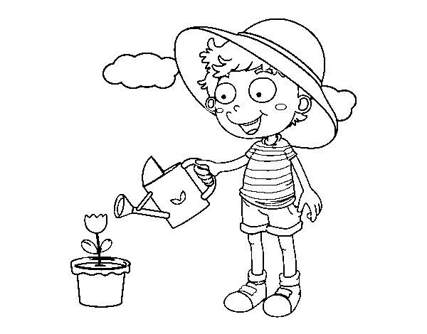 Boy watering coloring page