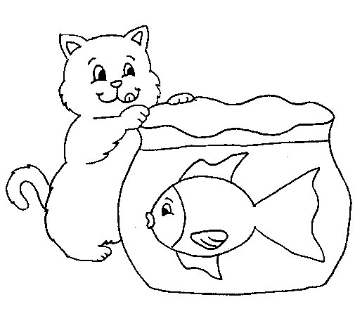 Cat and fish coloring page