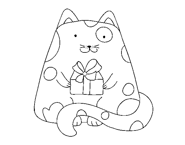 Cat with a present coloring page