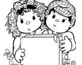 Children with a book coloring page