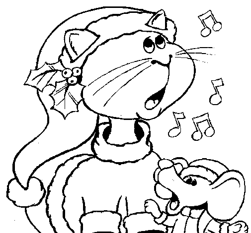 Christmas cat and mouse coloring page