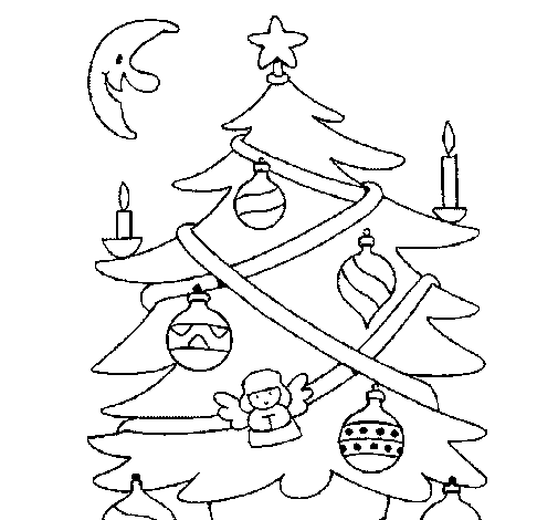 Christmas tree and moon coloring page