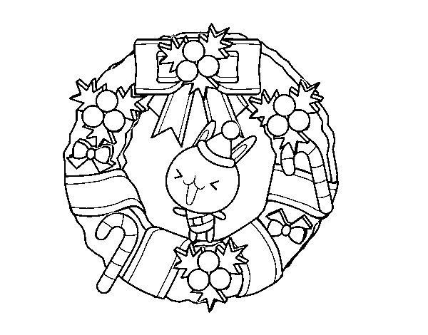 Christmas wreath and bunny coloring page