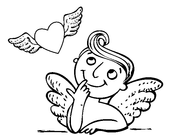 Cupid and winged heart coloring page