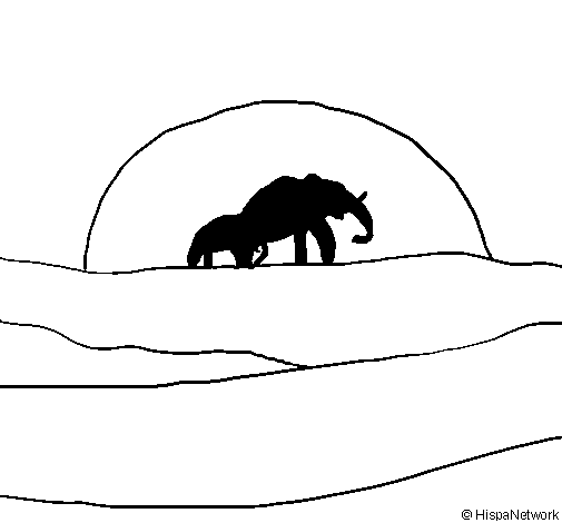 Elephant at dawn coloring page