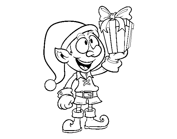 Elf with present coloring page